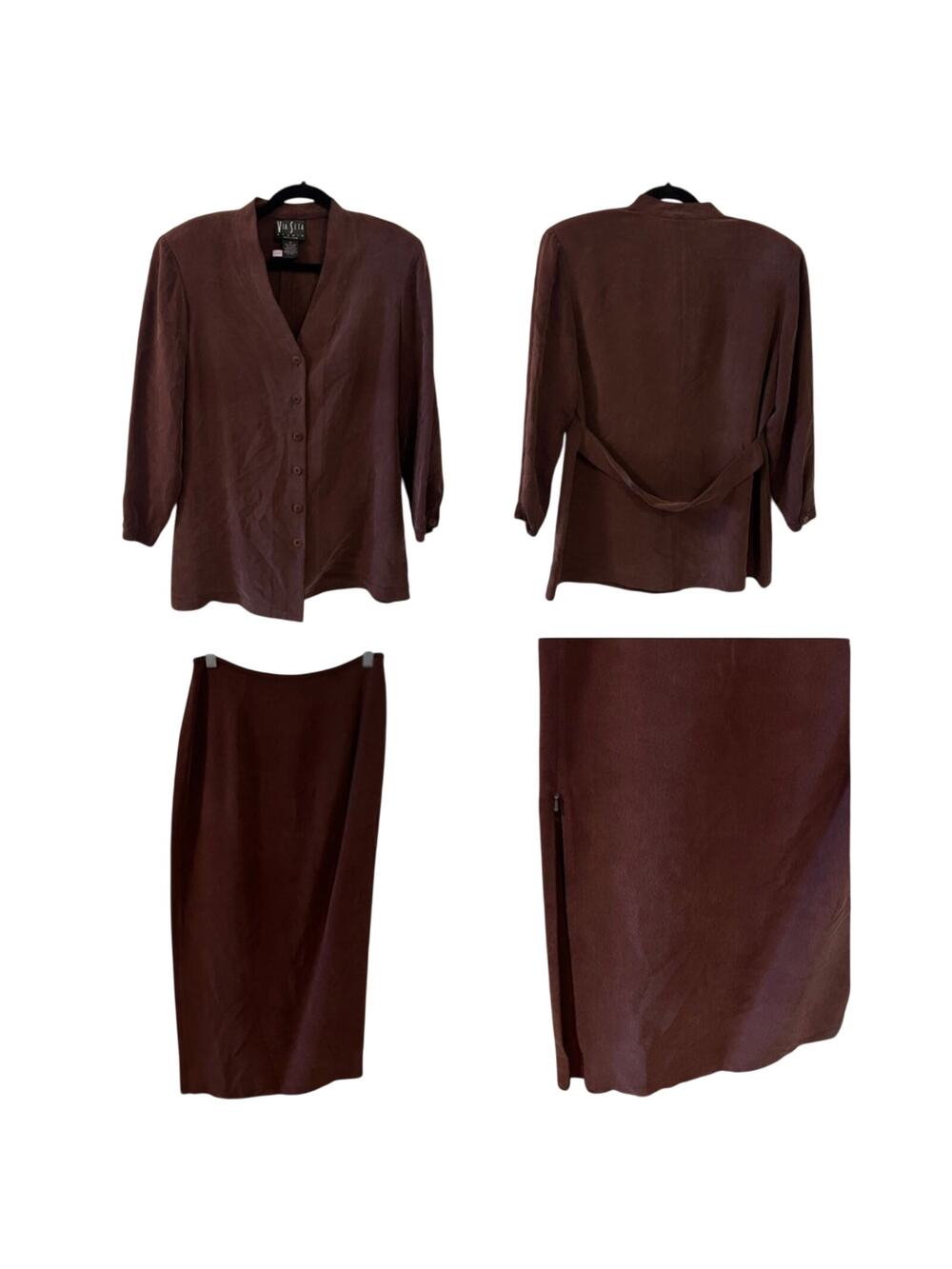 Via Seta Studios Petite 100% Silk Skirt Suit Brown Size 12